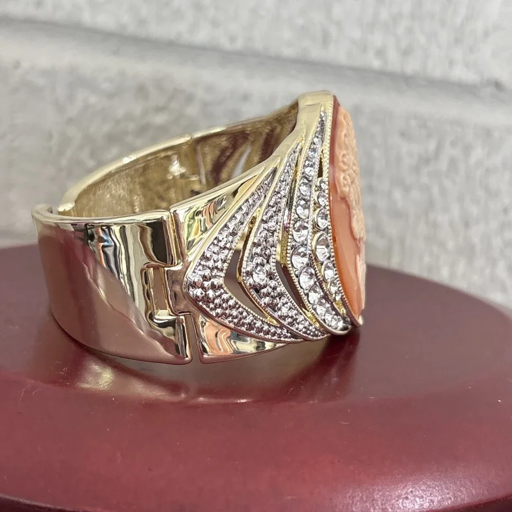 Amedeo NYC Cameo Shell Crystal Hinged Chunky Wide Gold Bangle Bracelet 6.5-7
